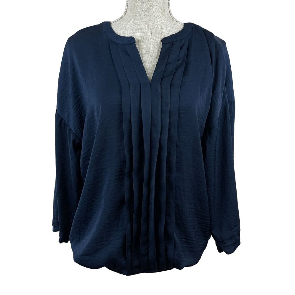 Covington Blouse Womens Size XL Navy Blue Pleated V Neck Office Business Top‎